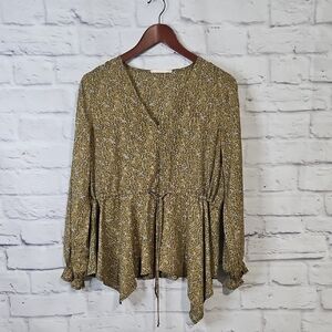 Elegant Floral V-Neck Blouse - Mustard